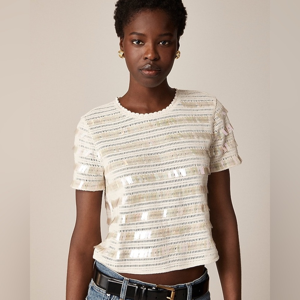 NWT J. CREW Crochet Shirt With Sequins Natural Cream Size Large